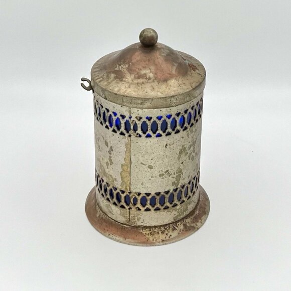 Vintage 50s MCM Silverplate & Cobalt Blue Liner Coffee Canister Art Deco Moorish - Picture 3 of 7